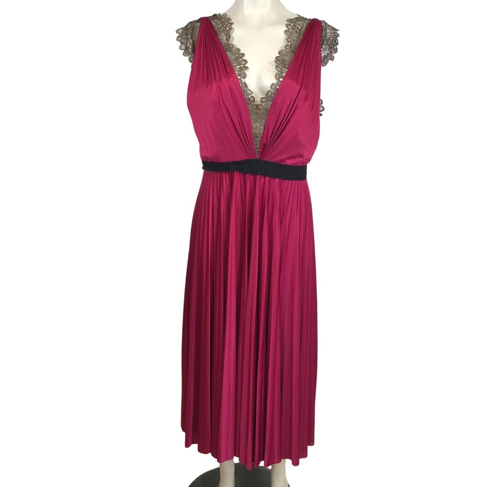 CATHERINE DEANE - WOMEN'S 10 - FUSHSIA SLEEVELESS V NECK PLEATED MIDI‎ DRESS